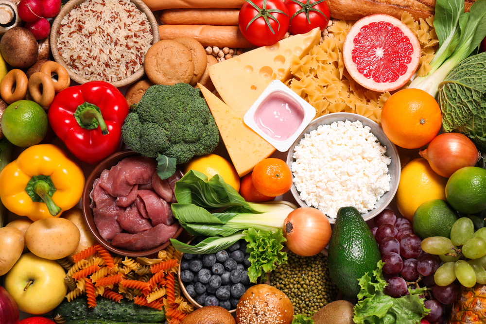 A selection of foods consisting of a balanced diet
